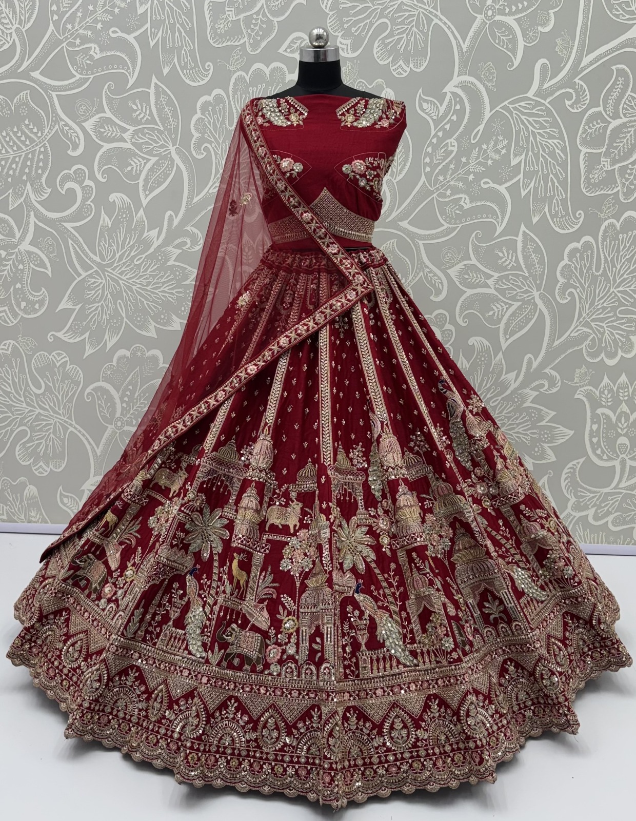 Maroon Bridal Cutdana-Work Embroidered Ethinc Motif Semi-Stitched Lehenga Choli